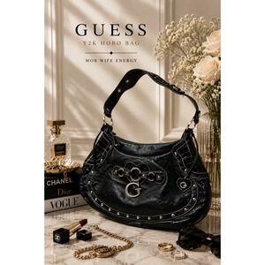 Guess Y2K Black Patent Croc Trim Hobo Bag Silver Studded Shoulder Purse Mobwife